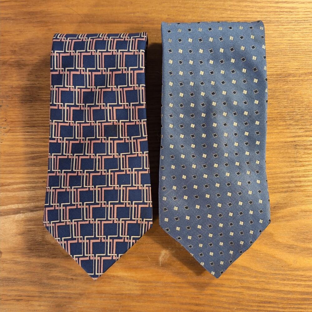 Emanuel Ungaro Tie Mens One Size Blue Silk Geometric Designer Lot Of 2 Classic